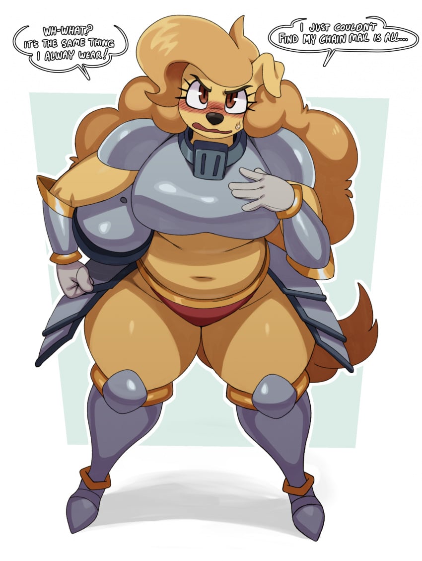 amelia_steelheart annoyed annoyed_expression armor armor_boots armored_gloves blush canine chubby chubby_female dialogue dog exposed_stomach ineffective_armor knight panties plate_armor plate_armour plump red_panties revealing_armor sharp_teeth sssonic2 the_simplifypm-verse thick_thighs unconvincing_armor