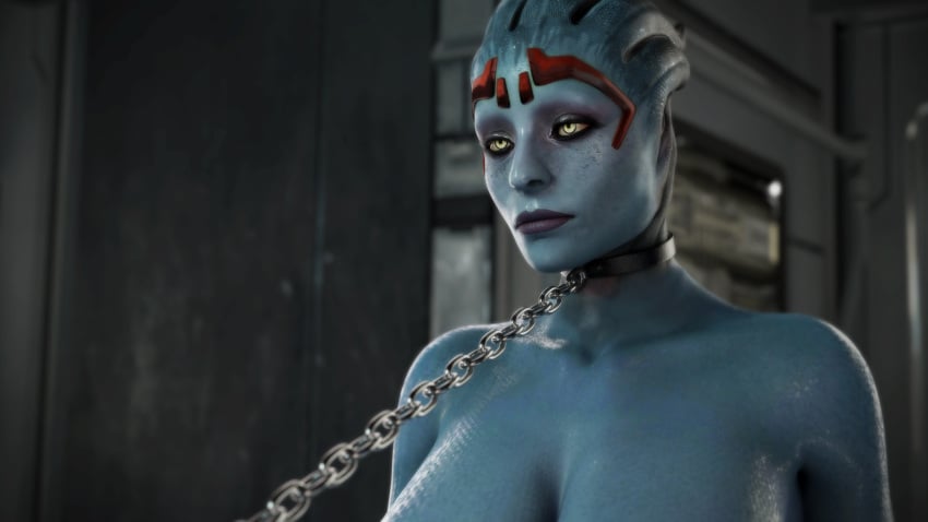 1girls 3d asari banap blue_skin chain_leash chained collar female female_only mass_effect samara