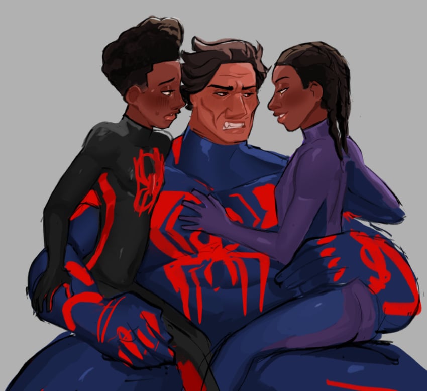 3boys aluxxtot dark-skinned_male dark_male_only dark_skin femboy gay male male_only marvel marvel_comics miguel_o'hara miles_g_morales miles_morales miles_morales_(earth_42) multiple_boys muscular_male spandex spandex_suit spider-man:_across_the_spider-verse spider-man:_into_the_spider-verse spider-man_(miles_morales) spider-man_(series) spider-man_2099 yaoi