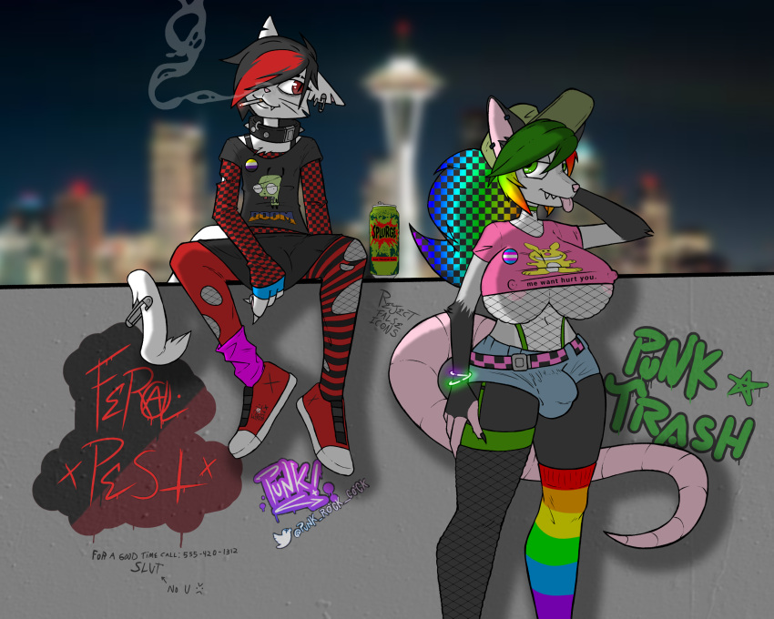 anthro ball_bulge balls balls_under_clothes bottomless_skirt breasts bulge checkered dickgirl emo erect_nipples feline fishnet_bodysuit fishnets flaccid furry futanari graffiti green_eyes huge_breasts male nipple_bulge nonbinary_pin opossum penis penis_bulge penis_under_clothes penis_under_skirt pin possum public public_indecency punk-tan rainbow_hair red_eyes scene seattle sitting skirt smoking sparkledog thighhighs transgender_pin underboob