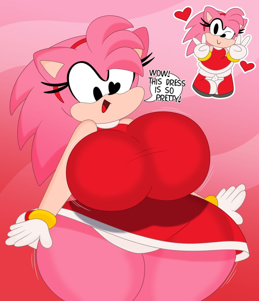 1girls 3barts aged_up amy_rose anthro big_breasts classic_amy_rose dialogue eyelashes female female_only gloves hedgehog pink_body red_dress sega solo sonic_(series) sonic_superstars text text_bubble thick_thighs wide_hips