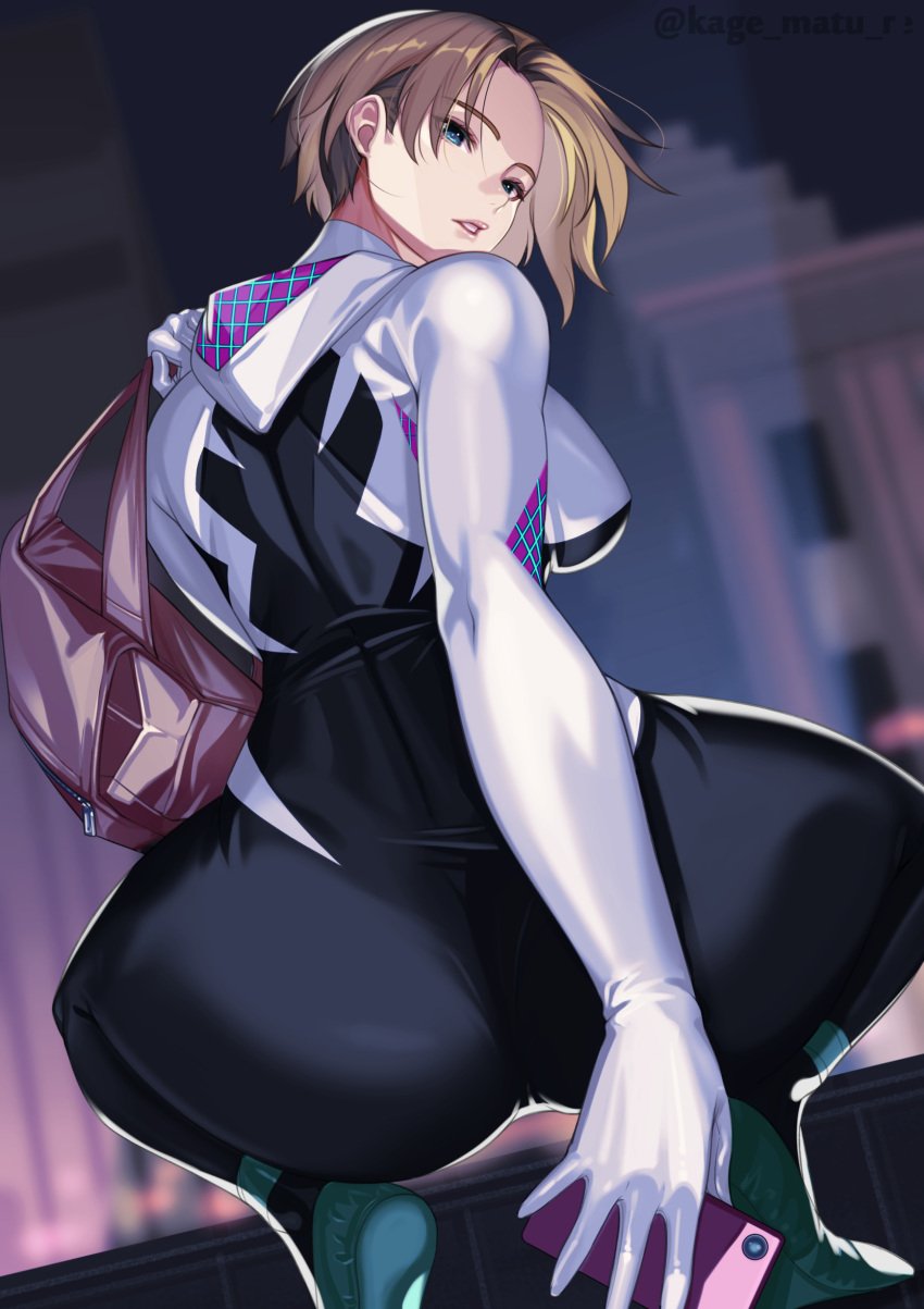 1girls ass bag blonde_hair blue_eyes bodysuit breasts cellphone female female_focus female_only gwen_stacy highres holding_phone hood kagematsuri large_breasts light-skinned_female looking_at_viewer looking_back marvel marvel_comics parted_lips phone shaved_side sidecut skin_tight smartphone solo spider-gwen spider-man:_across_the_spider-verse spider-man:_into_the_spider-verse spider-man_(series) thighs