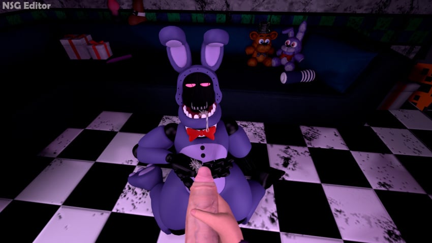 2023 3d_(artwork) animatronic anthro bodily_fluids bow_tie checkered_floor cum cum_in_mouth cum_inside digital_media_(artwork) dildo duo erection first_person_view five_nights_at_freddy's five_nights_at_freddy's_2 furniture gay genital_fluids genitals gift heart-shaped_pupils hi_res human/robot human_on_robot kneeling lagomorph leporid looking_at_viewer looking_pleasured machine male male/male mammal nsg_editor nude penetrable_sex_toy penis plushie rabbit robot scottgames sex_toy sofa source_filmmaker withered_bonnie