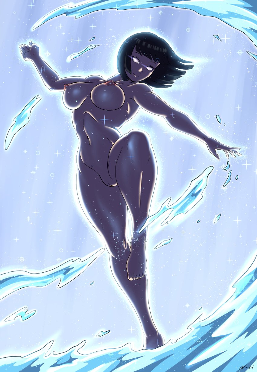 2021 20s absurdres black_hair boruto:_naruto_next_generations breasts completely_naked completely_naked_female completely_nude dancing deviantart_username female highres hyuuga_hinata mature_female naked naked_female naruto naruto_(series) naruto_shippuuden nipples nude purple_eyes pussy short_hair smile solo souleatersaku90 sparkle water waterfall