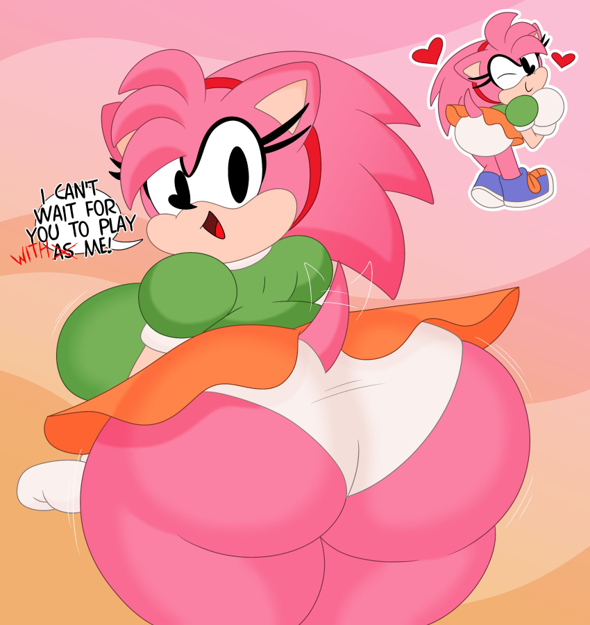 1girls 3barts aged_up amy_rose anthro ass_focus big_breasts big_butt bubble_butt classic_amy_rose dialogue eyelashes female female_only gloves green_shirt hedgehog looking_at_viewer looking_back orange_skirt pink_body sega solo sonic_(series) sonic_cd sonic_superstars talking_to_viewer text text_bubble thick_thighs underwear wide_hips wink