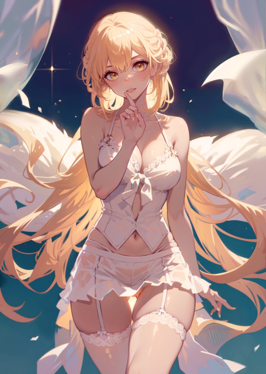 ai_generated blonde_hair camisole erocle female french_braid girls'_frontline long_hair looking_at_viewer orange_eyes ots-14_(girls'_frontline) self_upload smile thigh_gap thighhighs white_clothing