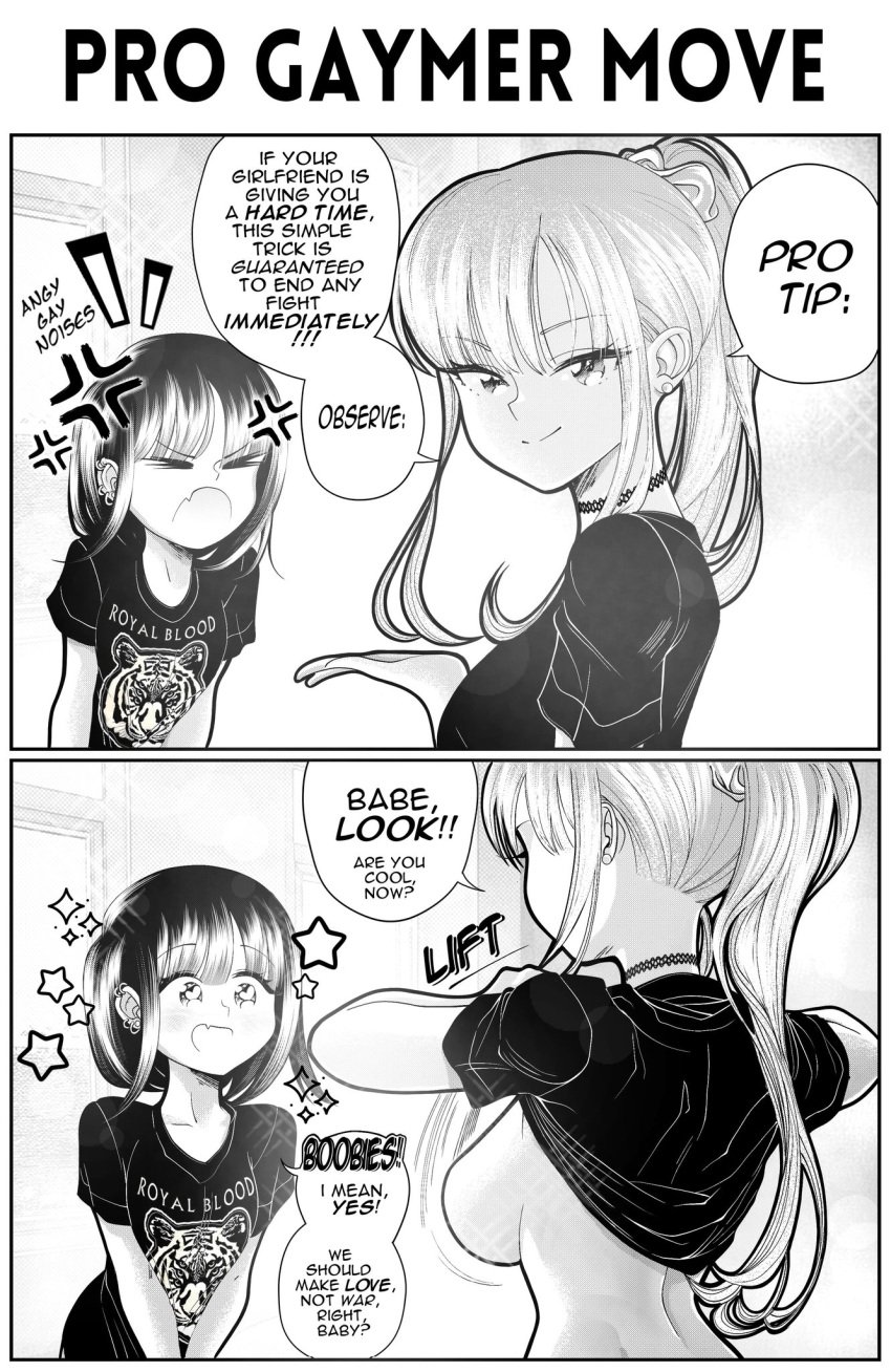 2girls anger_vein angry back backboob blush bouncing_breasts breaking_the_fourth_wall breast_awe breasts breasts_out choker comic couple ear_piercing earrings english_text female female_only flashing flashing_breasts funny greyscale grs grs- happy happy_female heart_eyes hearts instant_loss_2koma large_breasts looking_at_viewer looking_back oc open_mouth original original_character original_characters piercing ponytail royal_blood shirt_lift speech_bubble text text_bubble typo yuri