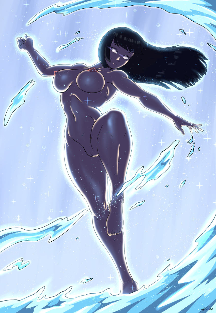 2021 20s absurdres black_hair breasts completely_naked completely_naked_female completely_nude dancing deviantart_username female highres hyuuga_hinata long_hair mature_female naked naked_female naruto naruto:_the_last naruto_(series) naruto_shippuuden nipples nude purple_eyes pussy smile solo souleatersaku90 sparkle water waterfall