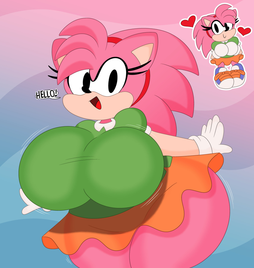 1girls 3barts aged_up amy_rose anisomastia anthro big_breasts classic_amy_rose dialogue eyelashes female female_only gloves green_shirt hedgehog looking_at_viewer orange_skirt pink_body sega solo sonic_(series) sonic_cd sonic_superstars talking_to_viewer text text_bubble thick_thighs wide_hips