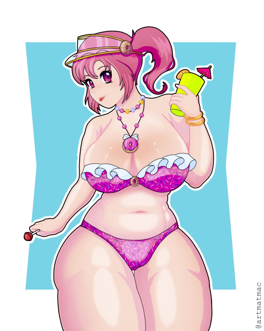 1girls artmatmac big_breasts bikini bracelet crush_crush donut drink female huge_breasts lollipop pink_eyes pink_hair sad_panda_studios side_ponytail simple_background slightly_chubby solo thick_thighs tongue_out visor_cap wendy_(crush_crush)