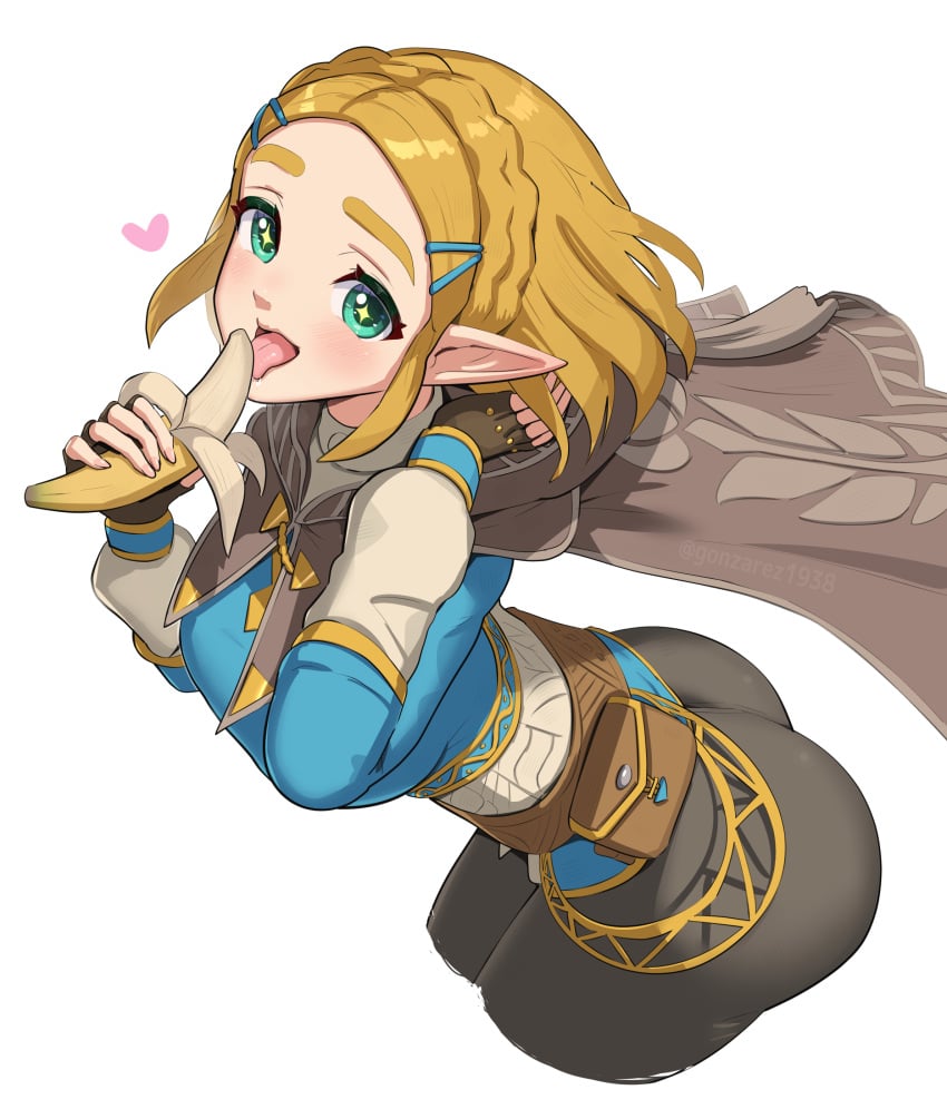 ass banana blonde_hair blush breath_of_the_wild clothed clothing elf elf_ears elf_female elf_girl fingerless_gloves fully_clothed gonzarez green_eyes heart licking princess_zelda sexually_suggestive simple_background smile tears_of_the_kingdom the_legend_of_zelda white_background zelda_(tears_of_the_kingdom)