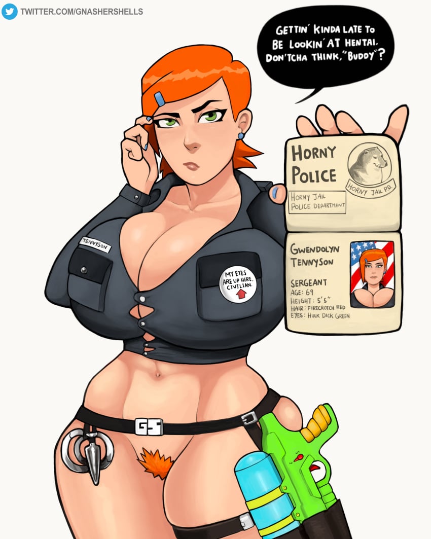 1girls aged_up alternate_breast_size american belt ben_10 big_breasts bottomless busty buttplug cartoon_network casual cheems clothing cop english_text exposed_pussy female female_only ginger_pubic_hair gnashershells green_eyes gun gwen_tennyson handcuffs horny_police human id_card legwear looking_at_viewer massive_breasts meme pale_skin police police_uniform policewoman pov pubes pubic_hair red_hair solo speech_bubble text thick_thighs watergun