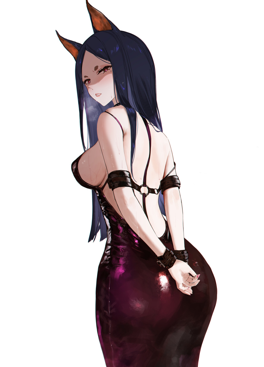 1girls animal_ears arknights back_view backless backless_dress backless_outfit blue_hair bondage bondage_gear bound brown_eyes clothed disgusted_look dobermann_(arknights) dog_ears dress embarrassed exposed_back feet_out_of_frame female female_only femsub fully_clothed glistening_clothing light-skinned_female light_skin long_hair looking_at_viewer looking_back mole_under_eye no_bra pink_pupils restrained restrained_arms sawaki_ken sideboob simple_background solo steamy_breath straight_hair sweating white_background