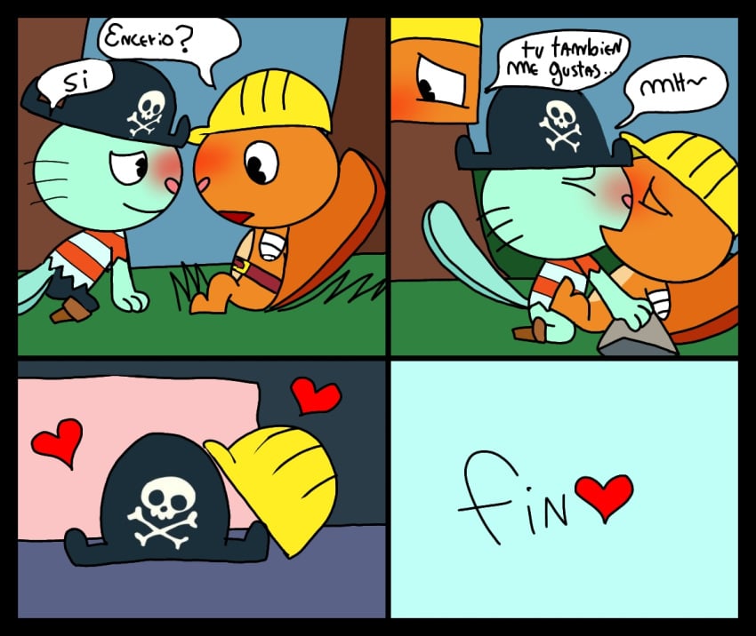 amphibian arm_amputee beaver belt blush blushing confession construction_helmet dialogue disability disabled disabled_male gay gay_male handy_(htf) happy_tree_friends hat_removed heart_nose homosexual implied_sex kissing kissing_while_penetrated leg_amputee male male/male mondo_media outside pacman_eyes pirate pirate_hat russell_(htf) sea_otter spanish_text speech_bubble talking_to_another translation_request unknown_artist unknown_source whiskers wooden_leg yaoi