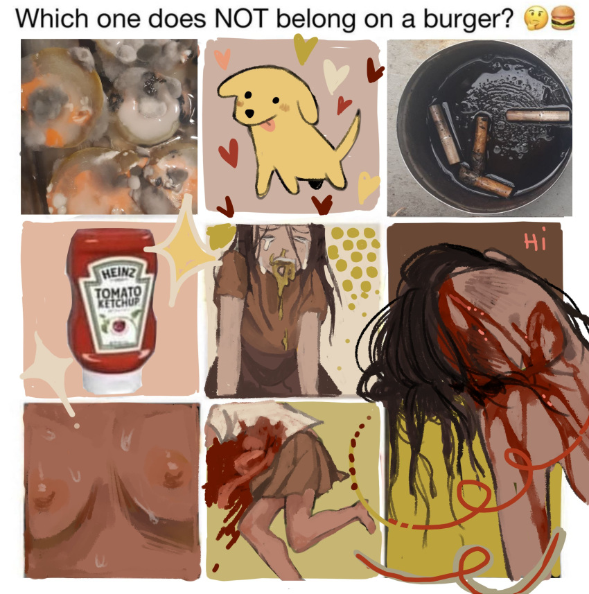 absurd_res ambiguous_gender blood bodily_fluids breasts canid canine canis cigarette cigarette_butt corpse domestic_dog english_text faceless_character faceless_female female food gore group hi_res human ketchup mammal meme mold_(fungus) nude text vich vomit