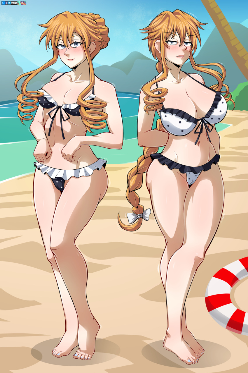 27lsd 2girls big_ass big_breasts bikini blue_eyes commission date_a_live feet female female_only looking_at_viewer miniskirt nail_polish orange_hair sisters small_breasts thick_thighs twins yamai_kaguya yamai_yuzuru