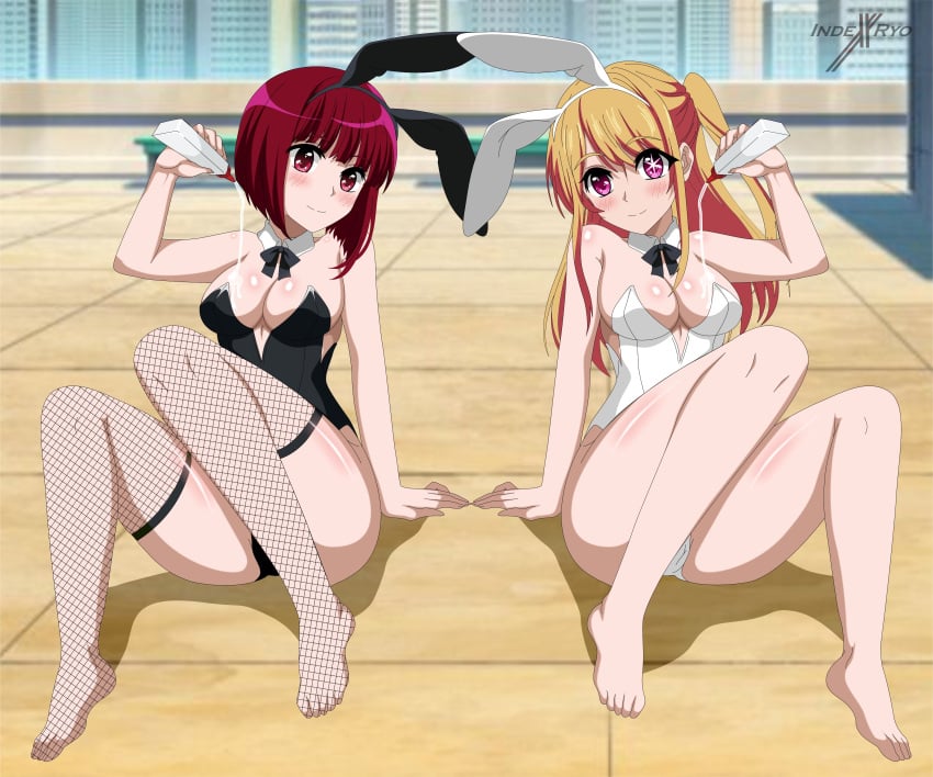 2girls absurdres animal_costume arima_kana barefoot blush breasts detached_collar female female_only highres holding_object hoshino_ruby indexryo large_breasts leotard long_hair lube lube_bottle lube_drip multiple_girls oshi_no_ko pouring pouring_on_self rabbit_costume rabbit_ears revealing_clothes short_hair sitting smile stockings unusual_pupils