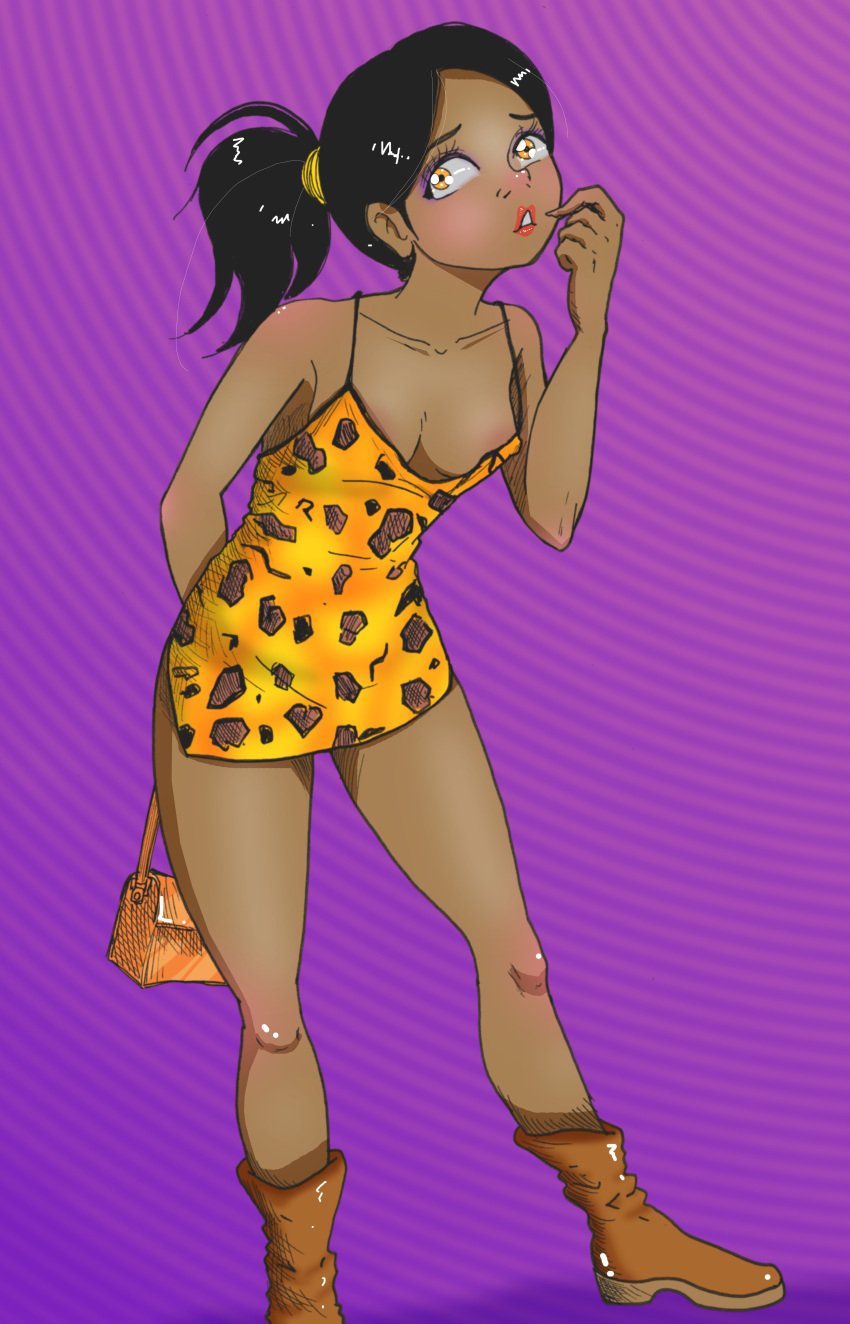 black_hair boots brown_skin dark-skinned_female dark_skin dress leopard_print solo teenage_girl witch_girl