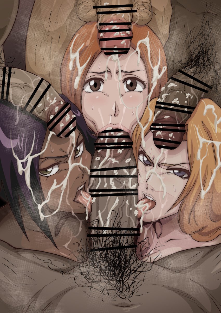 3girls 4boys :>= angry bleach blonde_hair brown_eyes censor_bar censored collaborative_fellatio cum cum_on_face cum_on_hair dark-skinned_female dark-skinned_male dark_skin fellatio femsub glaring huge_cock inoue_orihime iwao178 licking licking_penis long_hair looking_at_viewer maledom matsumoto_rangiku multiple_boys multiple_girls nude oral oral_cock_cleaning orange_hair penis penis_lick penis_on_face penis_on_head ponytail pubic_hair purple_eyes purple_hair rape shihouin_yoruichi smegma yellow_eyes