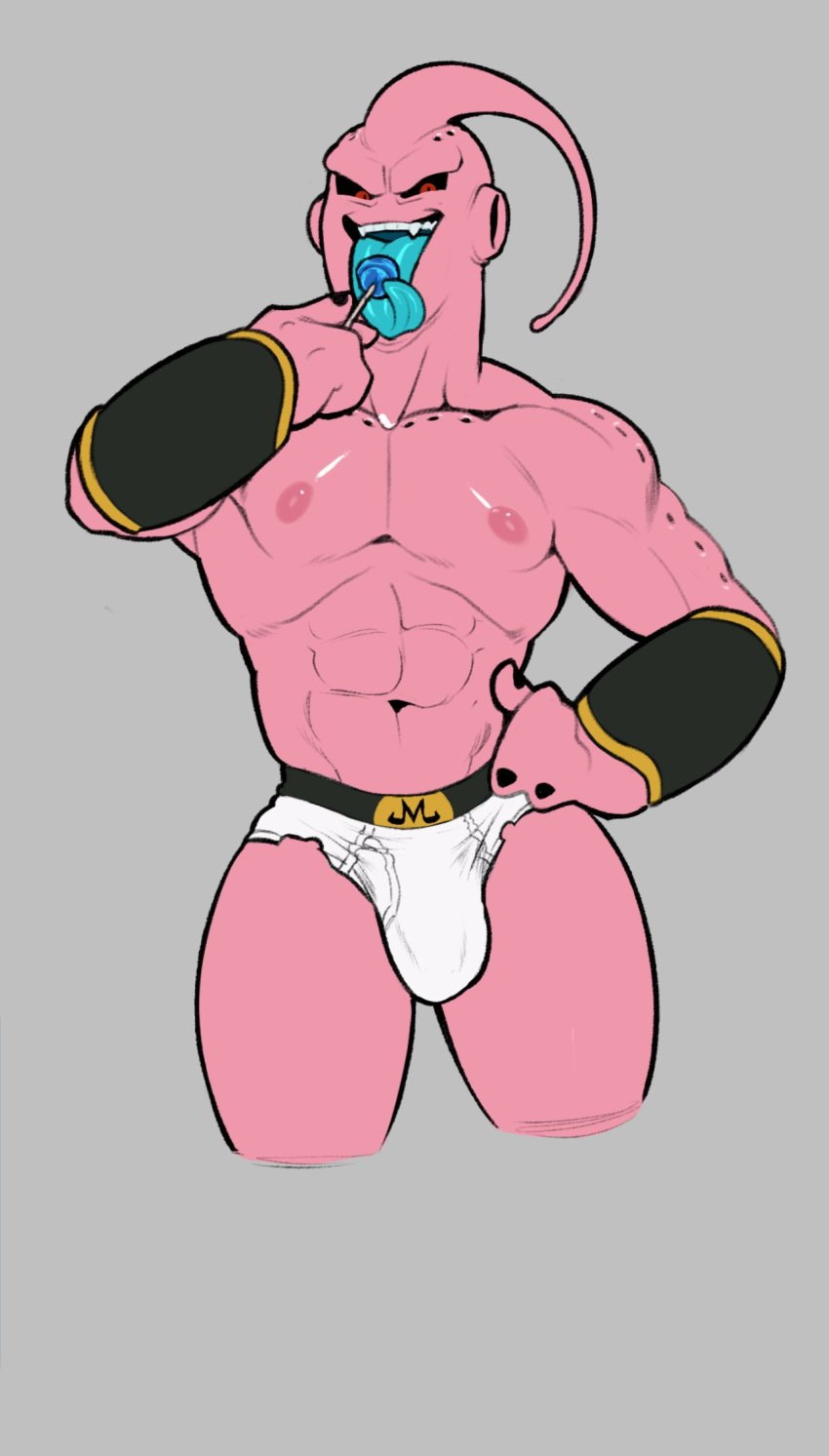 anthro balls bara big_balls big_penis bulge chromamorph dragon_ball dragon_ball_z lollipop male male_only muscles muscular penis pink_body solo solo_male super_buu tongue_out underwear