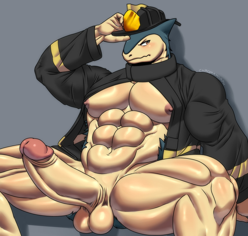 abs anthro anthro_only balls bara big_balls big_penis blush boner chromamorph erection firefighter furry male male_only muscles muscular nintendo open_clothes open_jacket pantsless penis pokemon pokemon_(species) solo solo_male spread_legs typhlosion