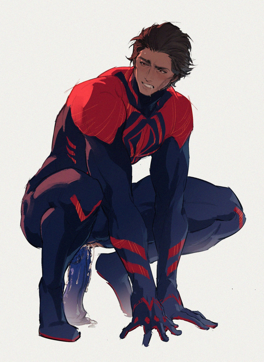 1boy anal anal_object_insertion animal_print blue_bodysuit blush bodysuit brown_hair bulge cheekbones clenched_teeth dark-skinned_male dark_skin dildo dildo_riding drooling fangs flaccid gay hair_slicked_back highres large_pectorals lubrication male_focus male_only marvel miguel_o'hara muscular muscular_male object_insertion pectorals print_bodysuit red_bodysuit red_eyes rokuhashi_8 sex_toy skin_tight solo solo_male spider-man:_across_the_spider-verse spider-man:_into_the_spider-verse spider-man_(2099) spider-man_(series) spider_print spread_legs squatting squatting_cowgirl_position sweat teeth thick_thighs thighs torn_bodysuit torn_clothes two-tone_bodysuit yaoi