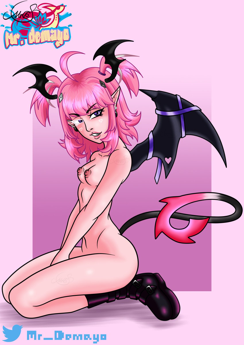 1girls camila_(vtuber) demon_girl female female_only gothic imp indie_virtual_youtuber light-skinned_female light_skin naughty_smile nude nude_female petite pink_background pink_girl pink_hair pink_nipples slim_waist small_breasts succubus tail virtual_youtuber wings