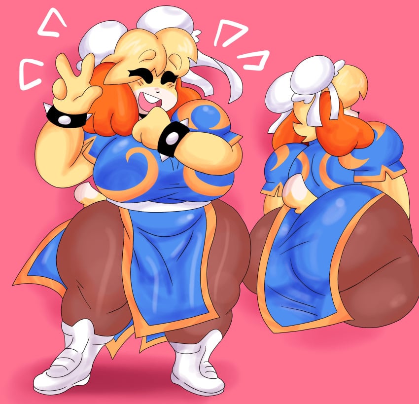 animal_crossing anthro ass big_ass big_breasts breasts bubble_butt chun-li_(cosplay) clothed clothing dork_boi female huge_ass isabelle_(animal_crossing) lewd_dorky nintendo