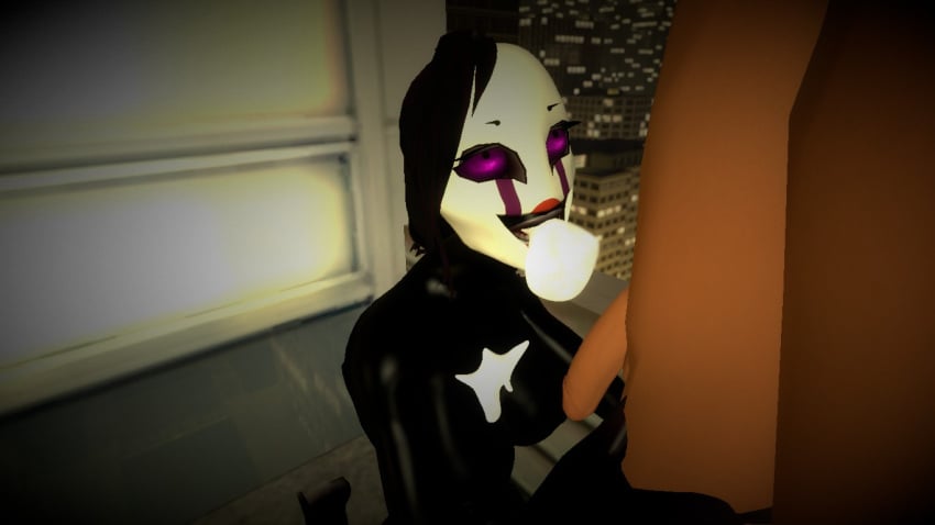 3d black_hair blowjob city city_background cum cum_in_mouth cum_on_breasts female_marionette_(fnaf) female_puppet_(fnaf) five_nights_at_freddy's garry's_mod marionette_(fnaf) off_model puppet_(fnaf) purple_eyes scout_(team_fortress_2) team_fortress_2 white_face