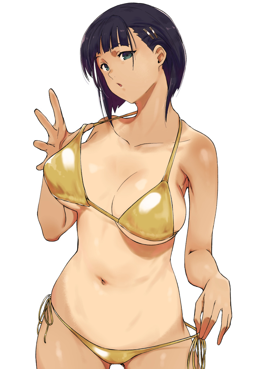 arad_baranga bikini black_hair breasts gold_bikini green_eyes hairclip huge_breasts kirigaya_suguha short_hair solo swimsuit sword_art_online tan tanline