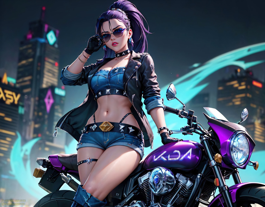 adjusting_eyewear adjusting_glasses adjusting_sunglasses ai_generated alternate_costume belt breasts choker earrings female fluffymammoth gloves ground_vehicle jacket jewelry k/da_all_out_kai'sa k/da_series kai'sa league_of_legends leather_jacket long_hair looking_at_viewer midriff motor_vehicle motorcycle navel night official_alternate_costume ponytail purple-tinted_eyewear purple_hair shorts solo sunglasses tinted_eyewear