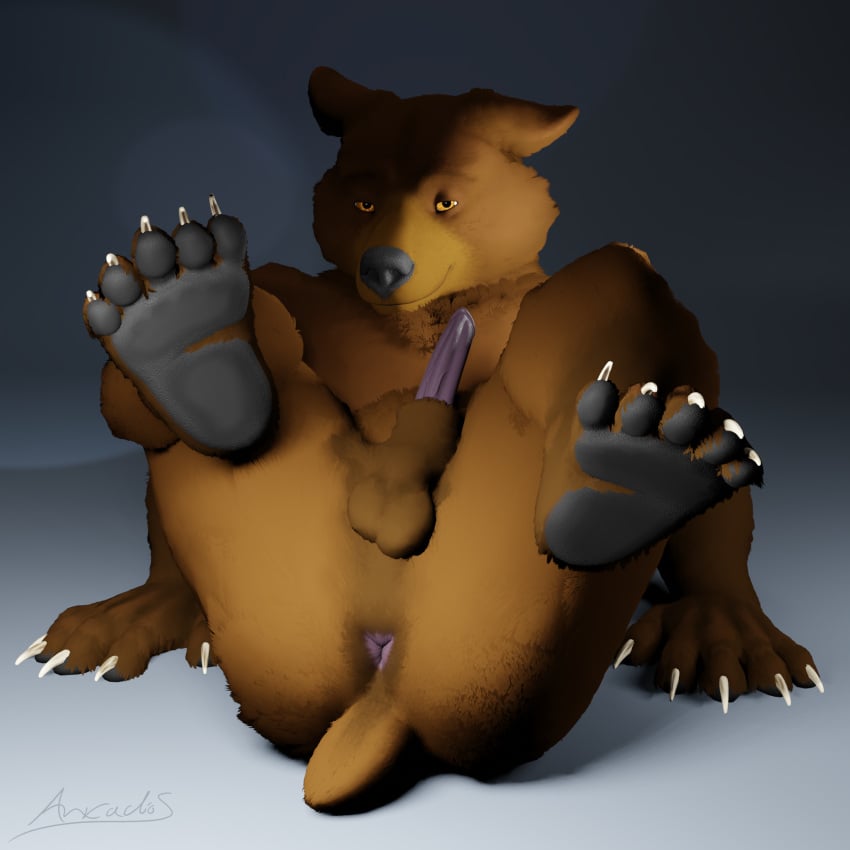 1:1 5_toes amber_eyes animal_genitalia animal_humanoid animal_penis anthro anus arkadios ass balls bear brown_body brown_fur censored censored_genitalia claws feet foot_focus fur genitals hi_res humanoid looking_at_viewer male male/male mammal mammal_humanoid pawpads penis presenting presenting_anus presenting_hindquarters sheath simple_background smile solo solo_focus tail toe_claws toes ursid_humanoid ursine ursine_ears ursine_humanoid ursine_penis