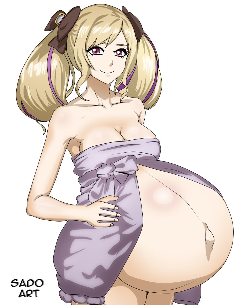 1girls alternate_costume alternate_version_available armpits bare_shoulders bare_thighs blonde_hair breasts cleavage collarbone elise_(fire_emblem) female female_only fire_emblem fire_emblem_fates fire_emblem_heroes hyper_belly light-skinned_female light_skin looking_at_viewer medium_breasts medium_hair naked_towel nintendo nude nude_female official_alternate_costume outie_navel pink_eyes pregnant sado_art shoulders smile solo thighs towel twintails white_background