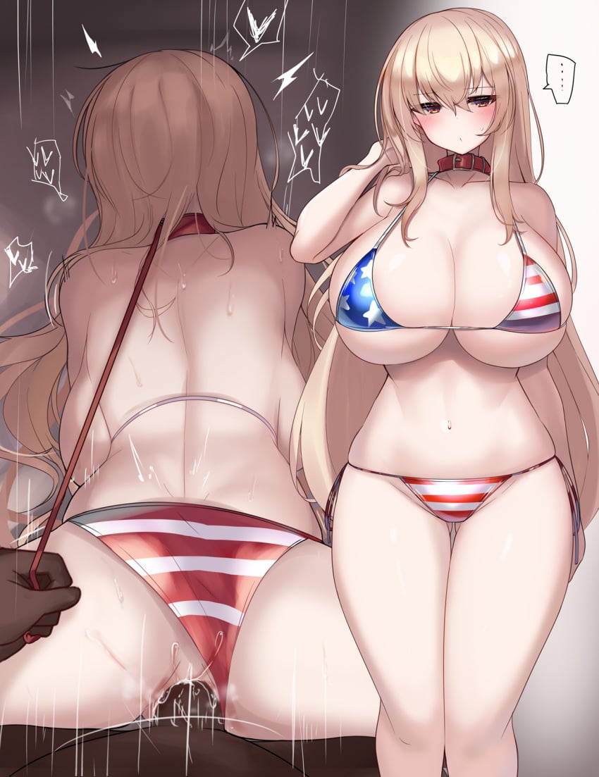 1boy 1girls american_flag_bikini bikini bikini_bottom_aside blonde_hair breasts clothing_aside collar commentary_request dark-skinned_male dark_skin female flag_print highres huge_breasts kubiwa_(kutan) kutan leash leash_pull light-skinned_female light_skin long_hair male navel orange_eyes original red_collar sex sex_from_behind spoken_squiggle squiggle straight swimsuit vaginal_penetration viewer_holding_leash