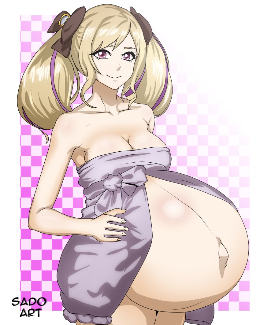 1girls alternate_costume alternate_version_available armpits bare_shoulders bare_thighs blonde_hair breasts cleavage collarbone elise_(fire_emblem) female female_only fire_emblem fire_emblem_fates fire_emblem_heroes hyper_belly light-skinned_female light_skin looking_at_viewer medium_breasts medium_hair naked_towel nintendo nude nude_female official_alternate_costume outie_navel pink_background pink_eyes pregnant sado_art shoulders simple_background smile solo thighs towel twintails white_background