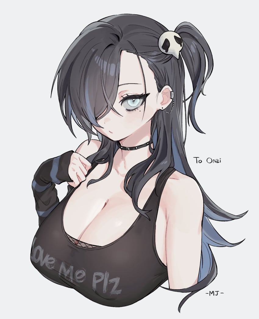 1girls bare_shoulders big_breasts black_hair breasts busty choker cleavage ear_piercing earrings english_text fishnets goth goth_girl hair_over_one_eye large_breasts mole_under_eye oh_(aung_ae) original original_character skull_hair_ornament solo tank_top