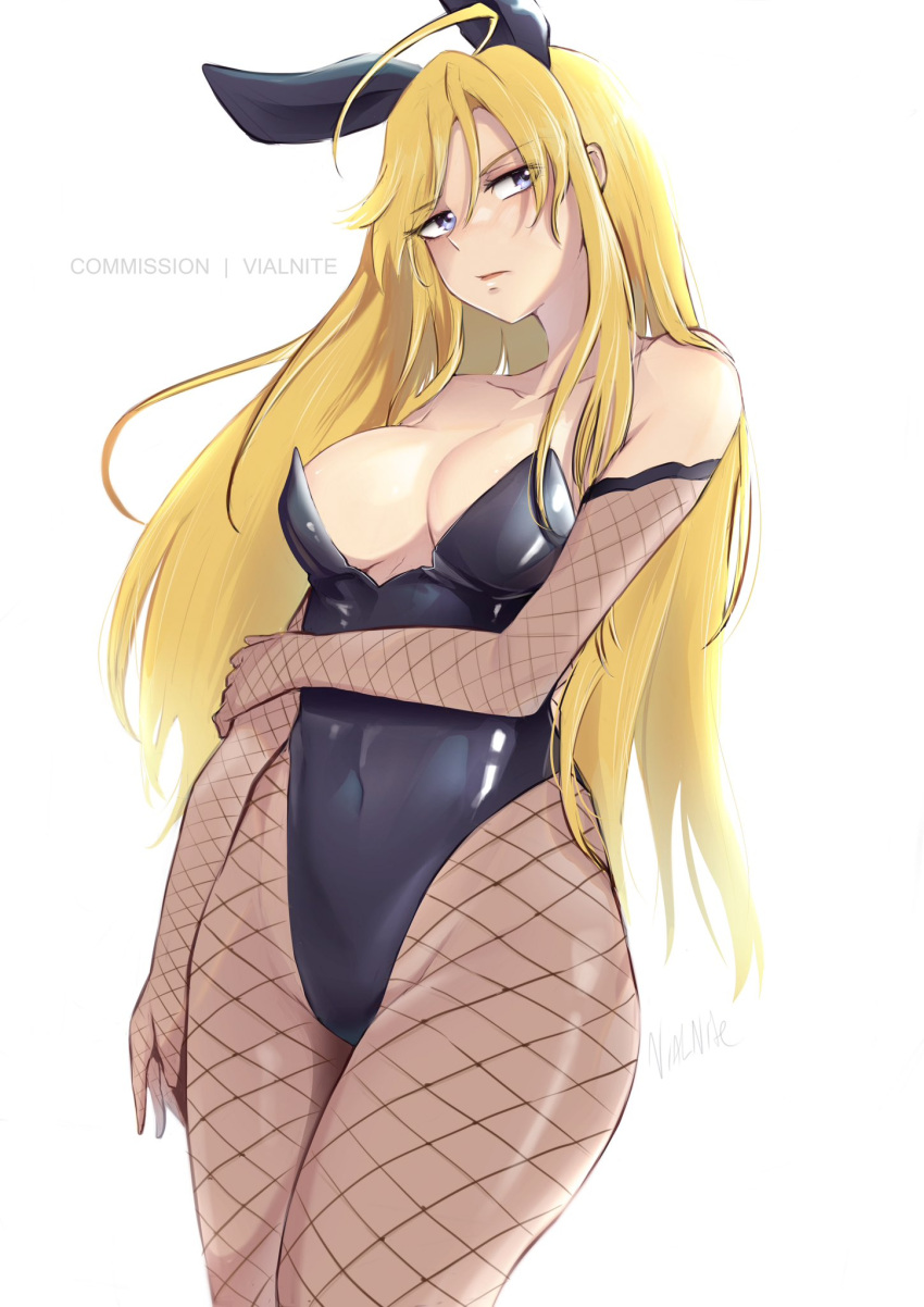 1girls alternate_costume blonde_hair blue_eyes breasts bronze_felix bunny_ears bunny_girl bunnysuit clarisse_(fire_emblem) commission commission_art female female_only fire_emblem fire_emblem:_new_mystery_of_the_emblem fishnet_legwear fishnets large_breasts nintendo solo thighs vialnite