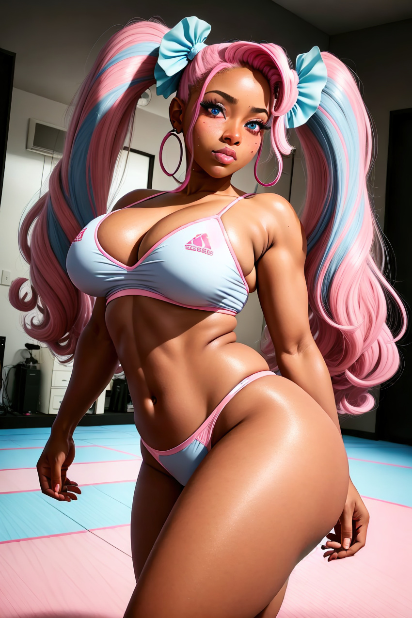 abs ai_generated big_breasts blue_eyes blue_hair busty cleavage contact_lenses curvy dark-skinned_female fit_female gym long_hair multicolored_hair nia_(dainty) original_character pink_hair sportswear stable_diffusion tight_clothing training_room twintails