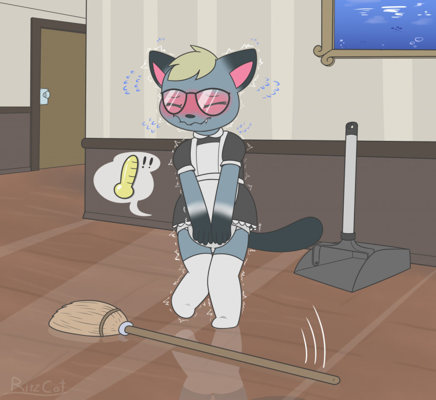 1boy animal_crossing anthro bladder_gauge crossdressing crossdressing_male crossed_legs desperation diaper diaper_under_clothing furry glasses holding_crotch maid_uniform male omorashi potty_dance raymond_(animal_crossing) ritzcat shaking shaking_lines stockings thighhighs