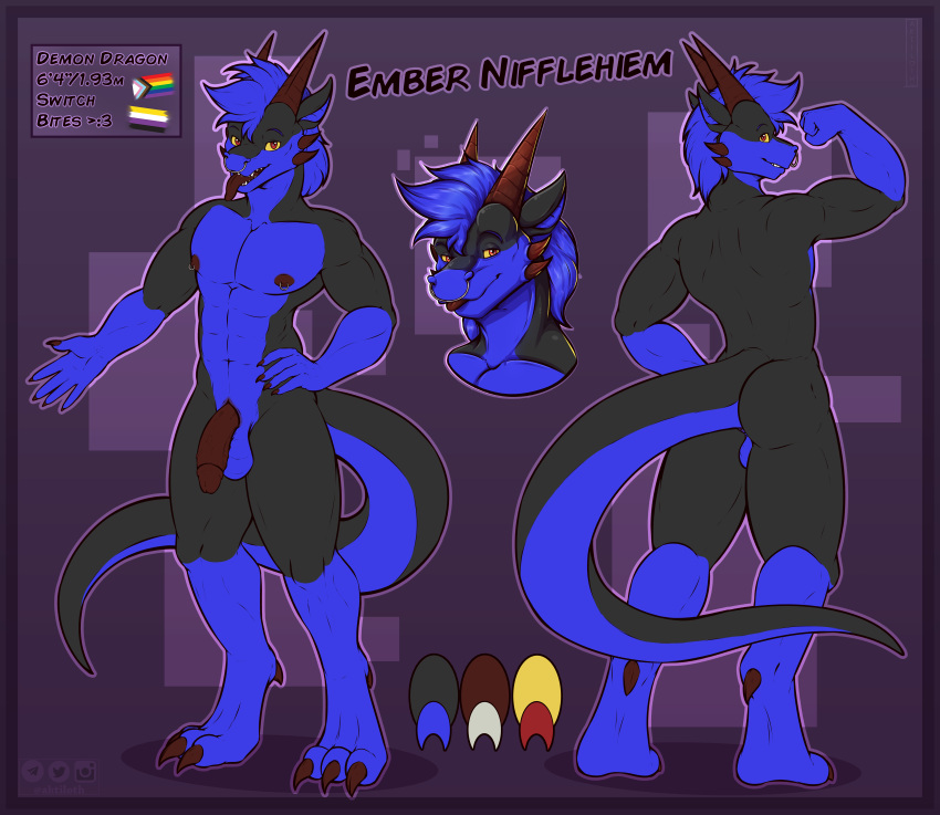 absurd_res aktiloth anthro anus ass athletic athletic_anthro backsack balls bedroom_eyes black_body blep blue_body claws dragon ember_nifflehiem facial_piercing flaccid flexing flexing_bicep flexing_muscles genitals hair hi_res horn lgbt_pride looking_at_viewer model_sheet narrowed_eyes nipple_piercing nipples nonbinary_pride_colors nose_piercing nose_ring nude nude_anthro penis piercing pride_color_flag pride_colors red_eyes ring_piercing scalie seductive slit smile smiling_at_viewer solo solo_focus teeth tongue tongue_out yellow_sclera