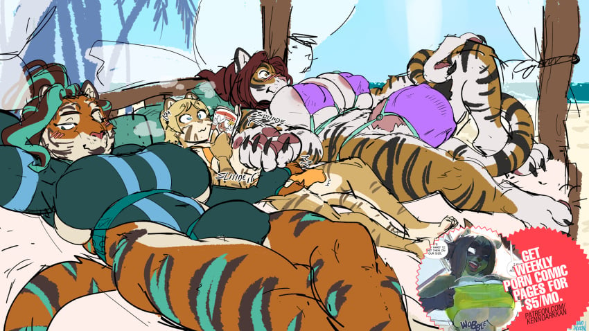 advertisement big_breasts breasts bulge clothing digital_media_(artwork) felid group hi_res intersex kenno_arkkan male mammal mana_(harioto01) original original_character original_characters pantherine pawpads paws roxanne_(spacenavytiger) seaside swimwear tiger trio voluptuous_gynomorph zen_(znr)