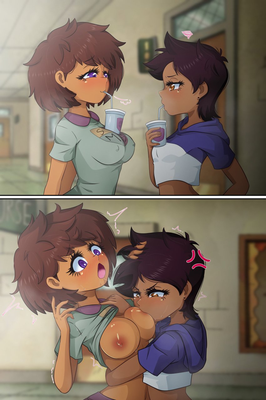 2girls absurd_res aged_up alternate_version_available amphibia angry angry_expression anne_boonchuy big_breasts blush breast_envy breast_size_difference breast_sucking breast_sucking_envy breasts brown_eyes brown_hair crossover dark-skinned_female disney disney_channel double_chocolate drinking_straw elchasconsito erect_nipples female female_only interracial_yuri lesbian_sex licking_breast lifting_shirt luz_noceda multiple_girls nipple_bulge nipples no_bra purple_eyes school short_dark_hair short_hair small_breasts sucking_nipples the_owl_house tomboy yuri