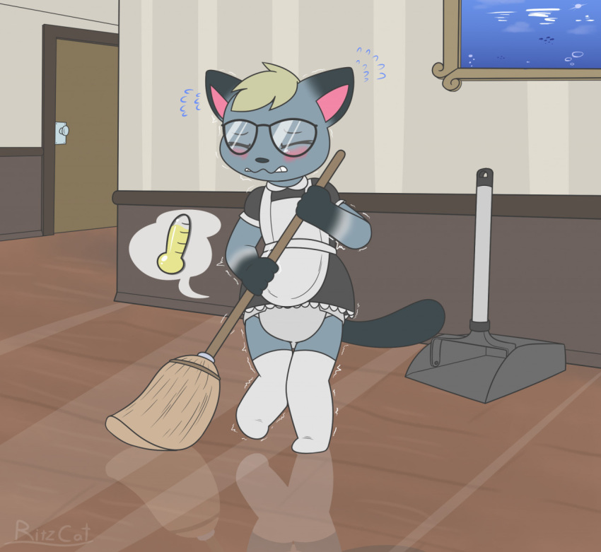 1boy animal_crossing anthro bladder_gauge crossdressing crossdressing_male crossed_legs desperation diaper diaper_under_clothing furry glasses maid_uniform male omorashi potty_dance raymond_(animal_crossing) ritzcat shaking shaking_lines stockings thighhighs