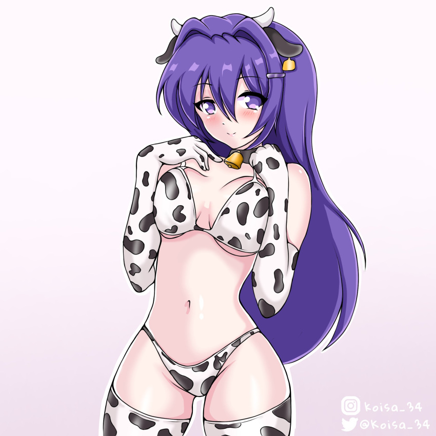 1female 1girls artist_name breasts cow_print cow_print_bra cow_print_panties cow_thighighs doki_doki_literature_club female female female_only girl instagram_username koisa_34 long_hair purple_eyes purple_hair solo solo_female solo_focus thick_thighs thigh_highs thighhighs twitter_username white_background yuri_(doki_doki_literature_club)