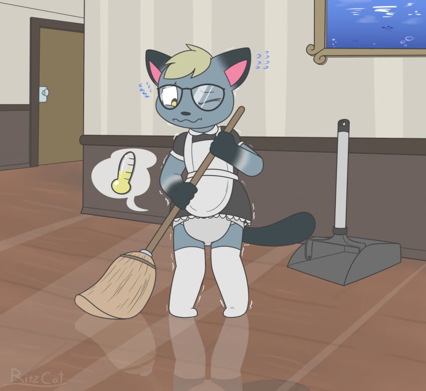 1boy animal_crossing anthro bladder_gauge crossdressing crossdressing_male desperation diaper diaper_under_clothing furry glasses maid_uniform male omorashi potty_dance raymond_(animal_crossing) ritzcat shaking shaking_lines stockings thighhighs