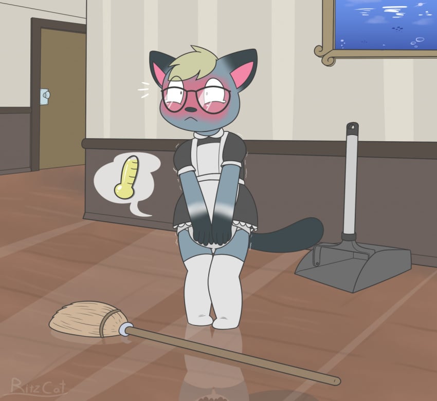 1boy animal_crossing anthro bladder_gauge crossdressing crossdressing_male crossed_legs desperation diaper diaper_under_clothing furry glasses holding_crotch maid_uniform male omorashi raymond_(animal_crossing) ritzcat shaking shaking_lines stockings thighhighs