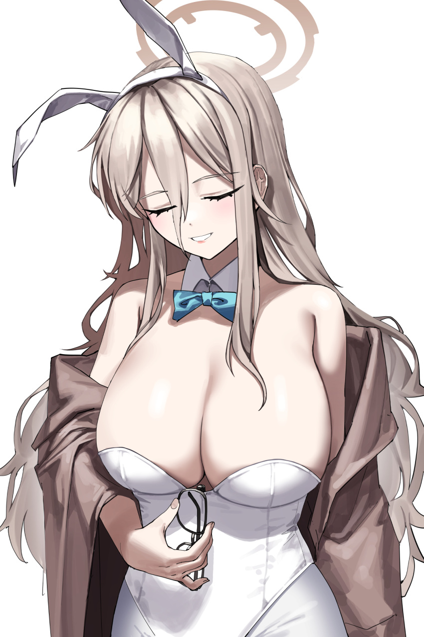 1girls 2023 akane_(blue_archive) akane_(bunny)_(blue_archive) bare_shoulders blue_archive breasts bunnysuit closed_eyes hi_res koi27 large_breasts light-skinned_female light_skin simple_background smile solo standing upper_body