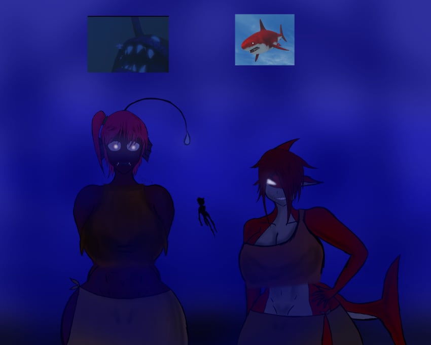 2girls1boy arcane_odyssey big_breasts big_thighs chubby_female genderswap_(mtf) giantess glowing_antennae glowing_eyes humanoid obolus_(arcane_odyssey) pink_hair poxism purple_skin red_hair red_skin request roblox roblox_game seaweed_on_head shark_fin shark_tail sharp_teeth thick_lips underwater voluptuous white_eyes_(arcane_odyssey)