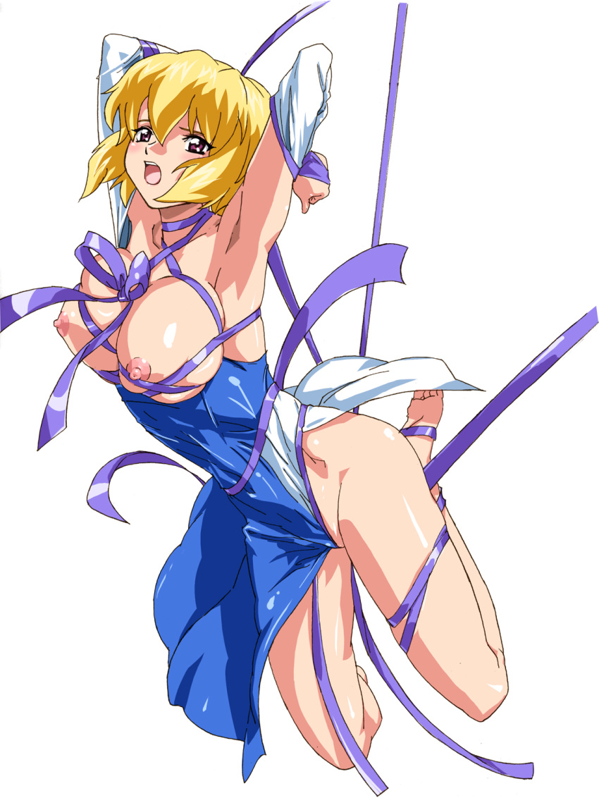 alpa blonde_hair bondage gundam gundam_seed gundam_seed_destiny highres lux nipples open_mouth short_hair stellar_loussier thigh_gap