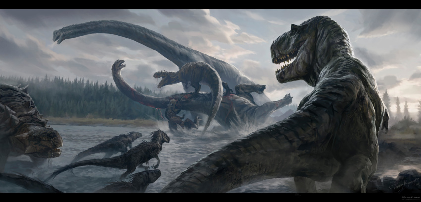 2020 absurd_res ambiguous_gender biped bite blood bodily_fluids cloud day detailed_background digital_media_(artwork) dinosaur falling feral fight forest gore group hi_res long_neck open_mouth outside plant prehistoric_species quadruped reptile river saurischian sauropod sauropodomorph scalie sharp_teeth size_difference standing tail teeth tommy_kinnerup tree water